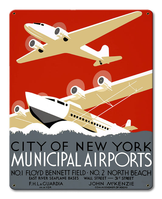 City New York Municipal Airports Vintage Style Metal Sign 12 x 15