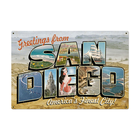 San Diego Postcard Vintage Style Metal Sign 36 x 24