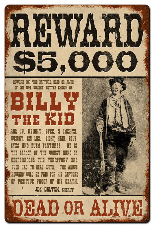 Wanted Billy The Kid Vintage Style Metal Sign 24 x 36